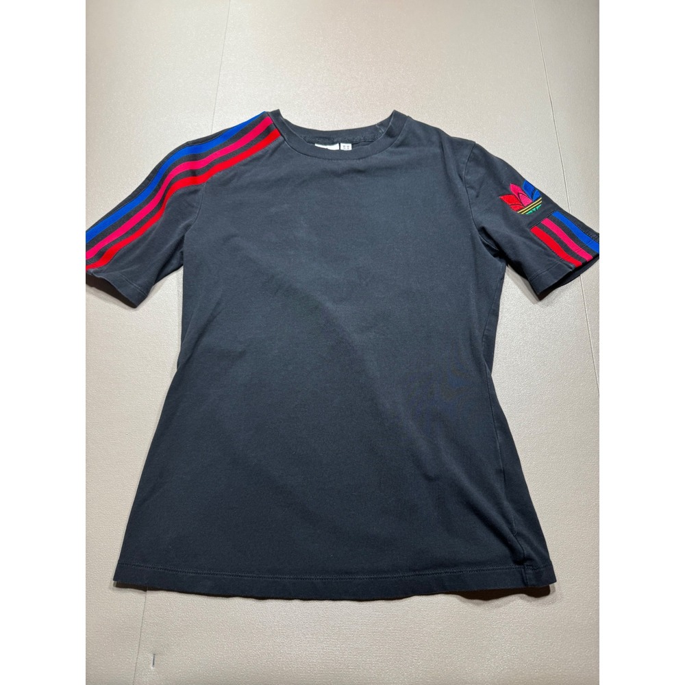 Adidas Originals Black Trefoil Multi-Color Stripe T-Shirt Mens M Womens L